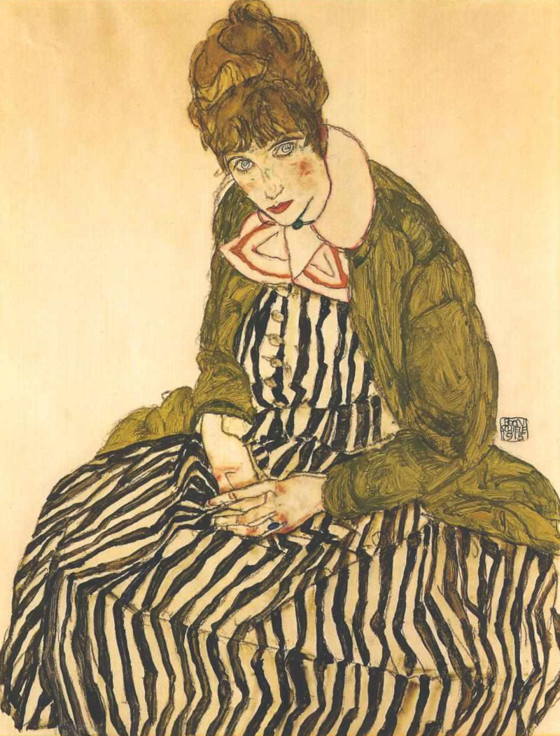 Edith Schiele dans une robe rayée par Egon Schiele